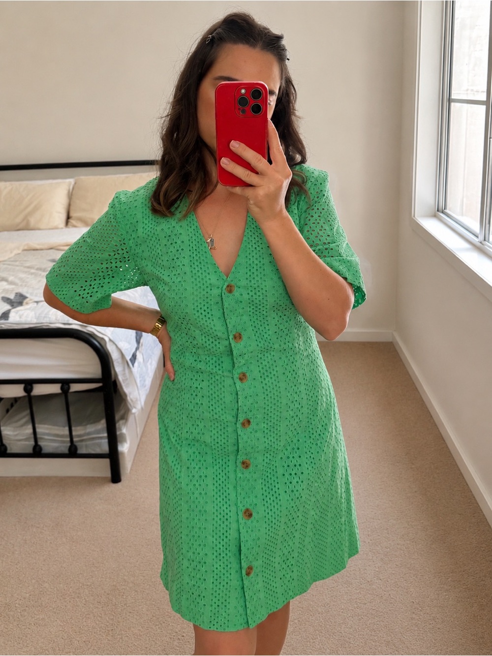 & Other Stories Bright Green Eyelet Button-Front Midi Dress